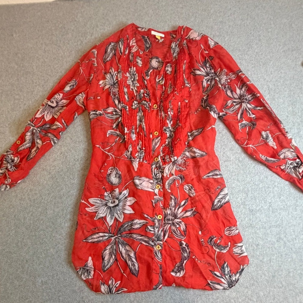 Leifsdottir Silk Floral Tunic Top 4 Red Pleated Button Front 4